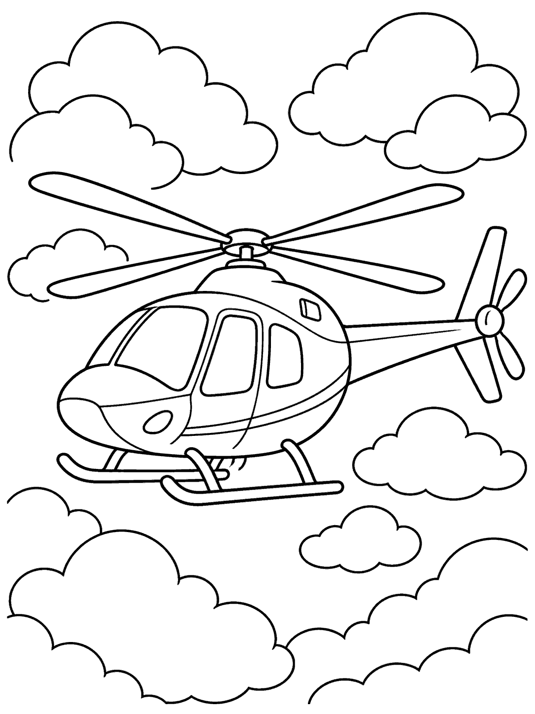 Large outlined helicopter surrounded by varied fluffy clouds on a white coloring page