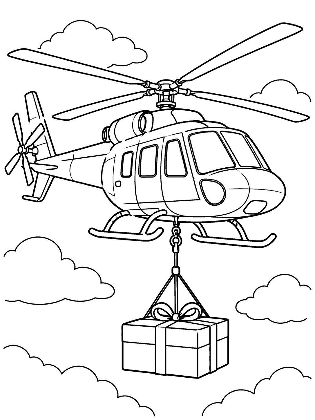 Utility helicopter with clear windows, rotors, and landing skids carrying a ribbon-tied rectangular package beneath it, with clouds around it.