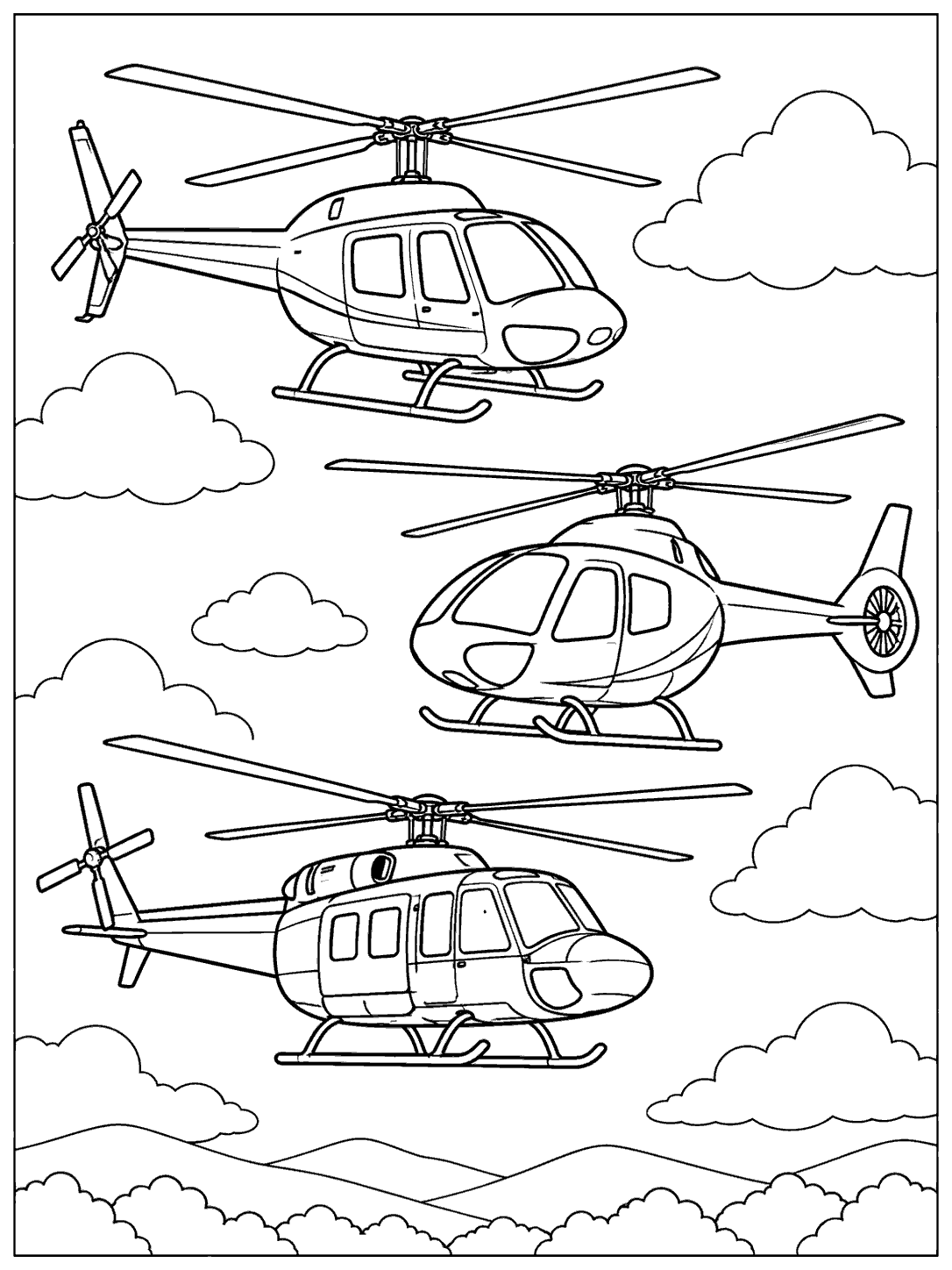 Three distinct helicopters in a loose diagonal formation among clouds, above rolling hills.