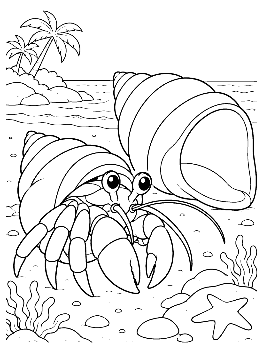 Large hermit crab with its own carried shell beside an oversized empty spiral shell on a tropical beach.