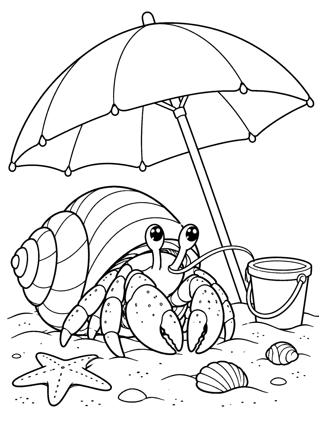A hermit crab beneath an open beach umbrella, with a pail, shells, and a starfish nearby.