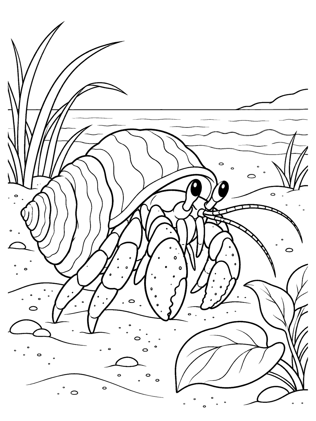 Large hermit crab with a spiral shell on a sandy beach, framed by sparse grasses and a broad-leaf coastal plant.