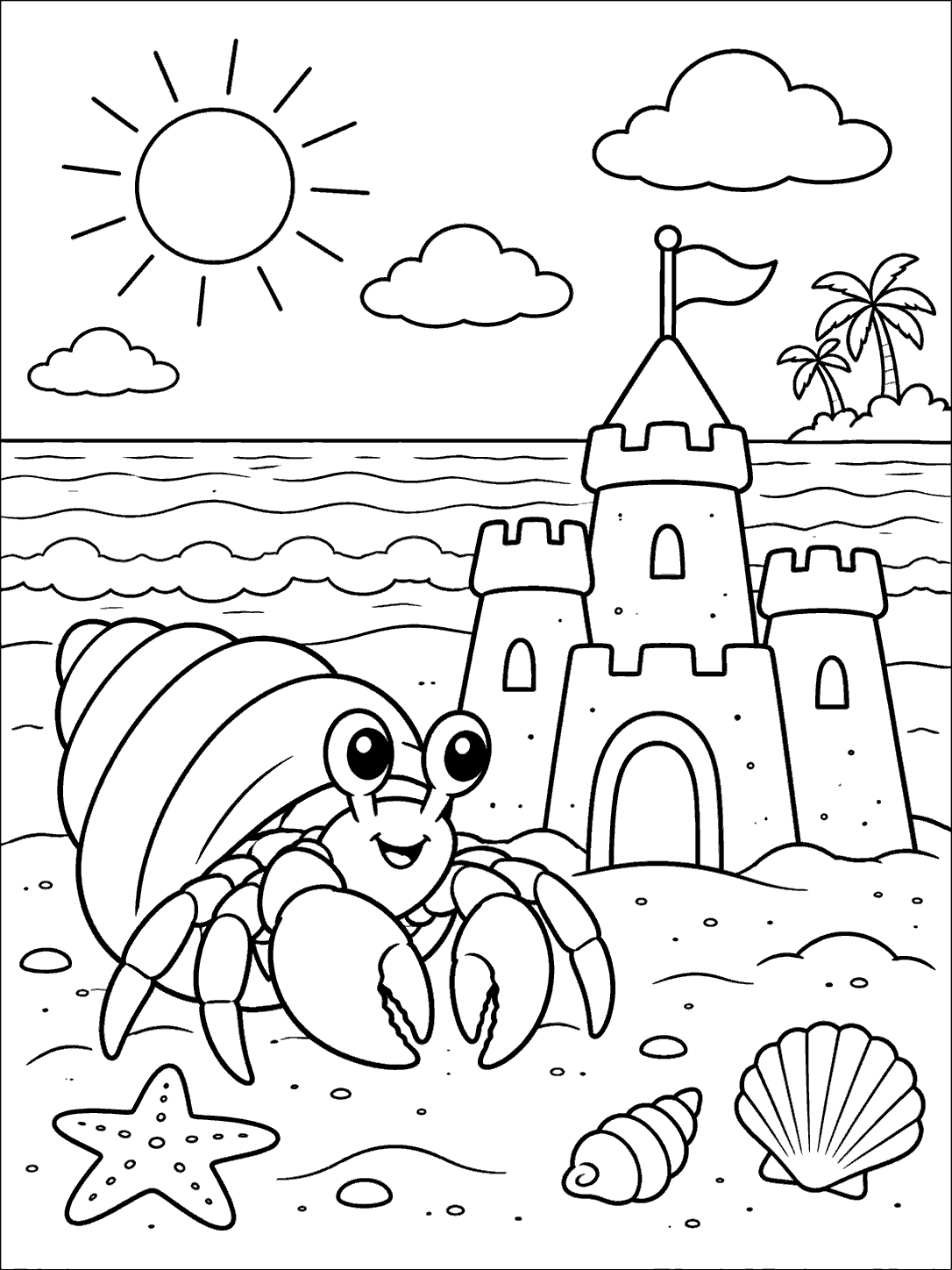 Smiling hermit crab with a large spiral shell beside a sandcastle with a flag, on a beach with waves, clouds, palm trees, shells, and a starfish.