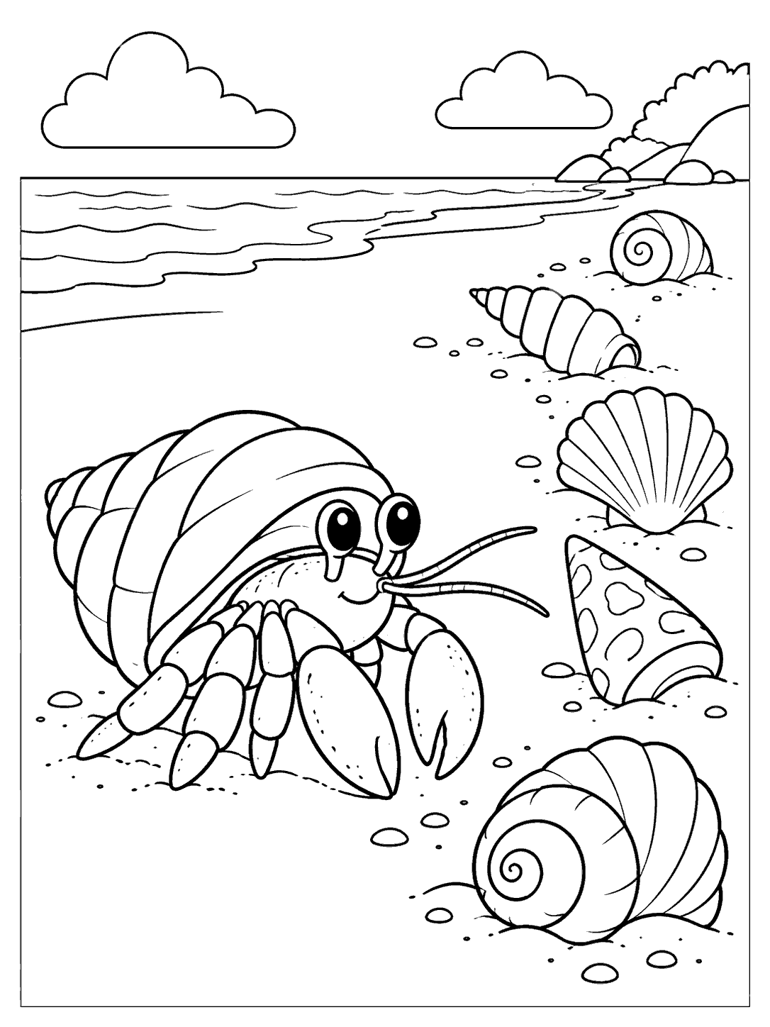 Large-eyed hermit crab beside a curved trail of spiral, cone, and scallop shells on a beach