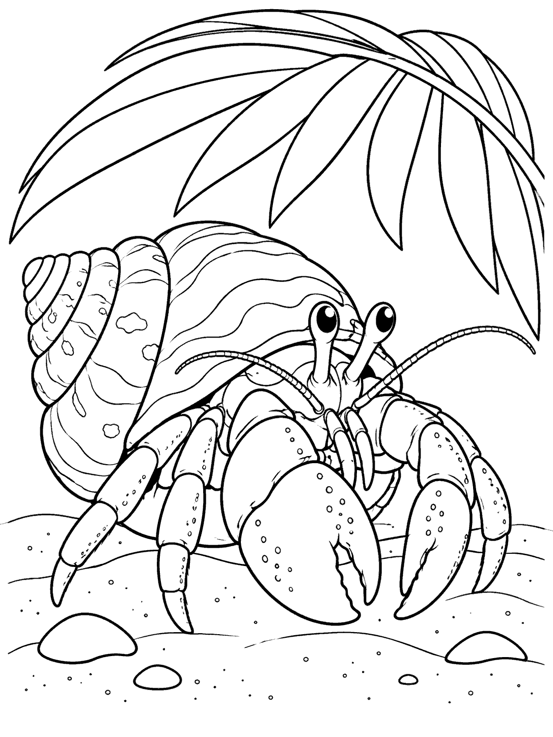 Hermit crab with a large arched shell beneath a palm leaf on sandy ground.