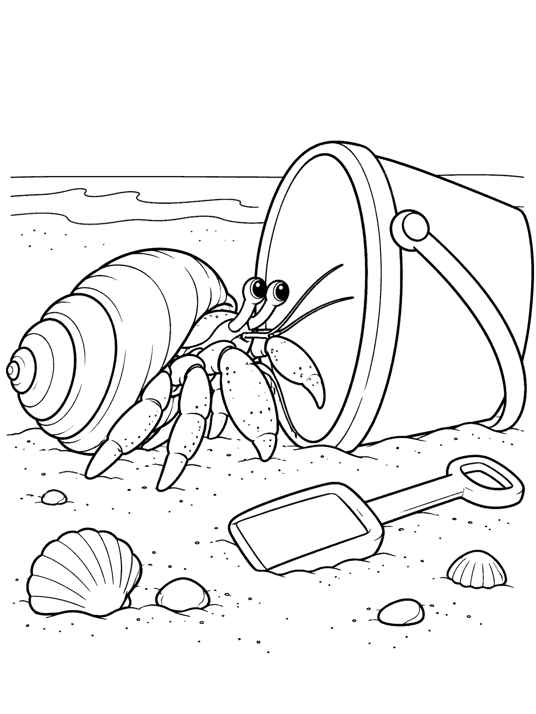 Side-view hermit crab inspecting a tipped-over beach bucket, with a shovel and a few seashells on the sand.