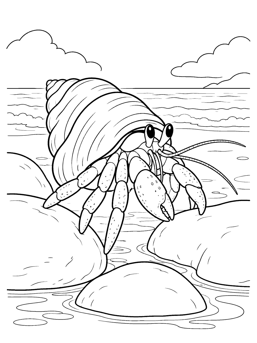 Large hermit crab with a spiral shell stepping among rounded shoreline rocks, with simple waves and clouds in the background.