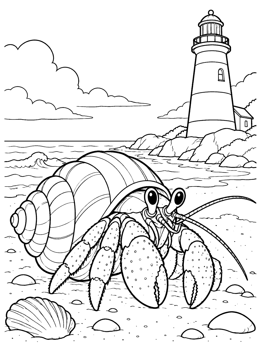 Hermit crab with a large spiral shell on a sandy shore, with a coastal lighthouse in the background.