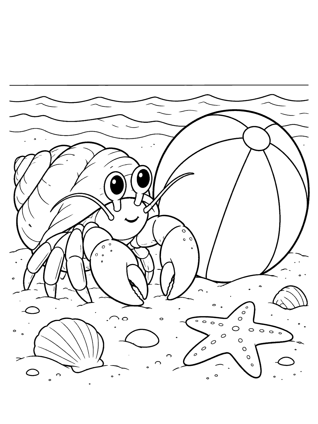 Black-and-white coloring page showing a hermit crab beside a large beach ball, with waves, shells, and a starfish on the shore.
