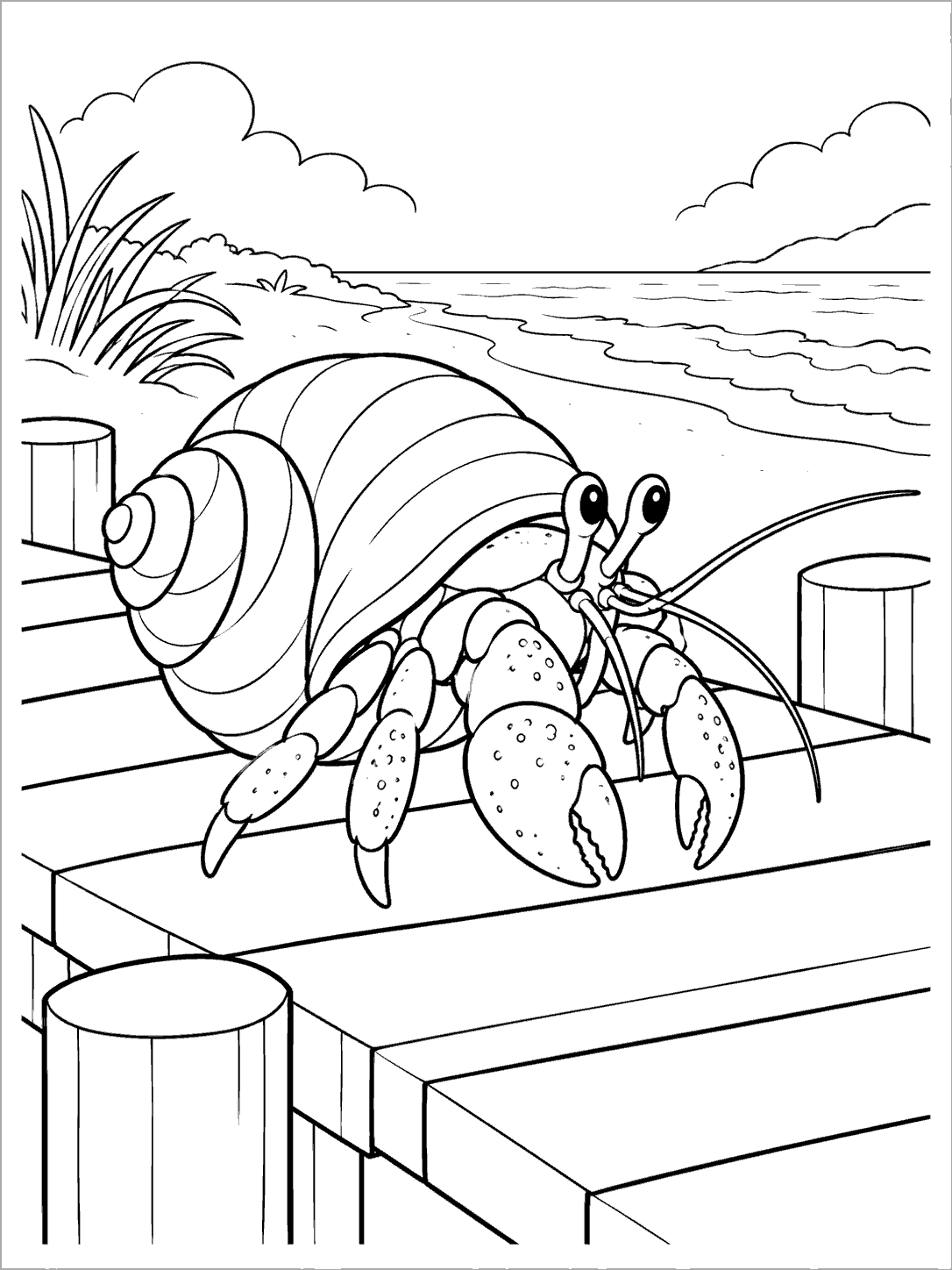 Hermit crab crossing a wooden boardwalk with beach and waves behind it.