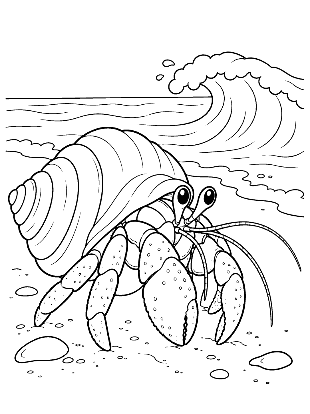A large hermit crab with a spiral shell walks across a sandy shore beside a curling ocean wave.