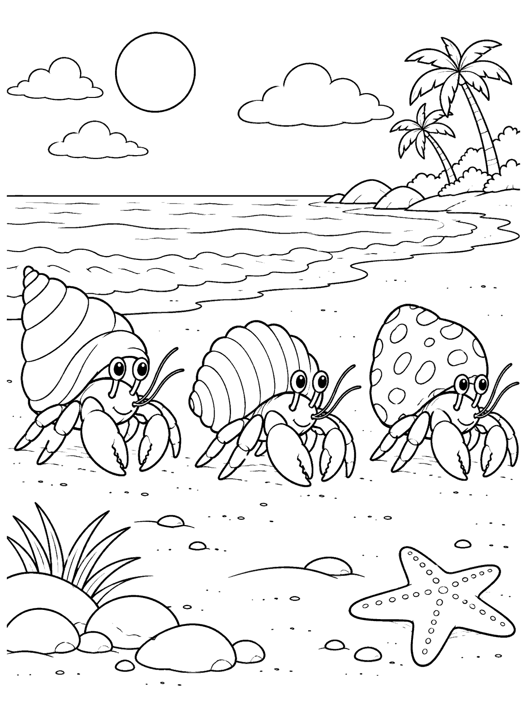 Three large-eyed hermit crabs with distinct shells on a beach with waves, palms, shells, and a starfish.