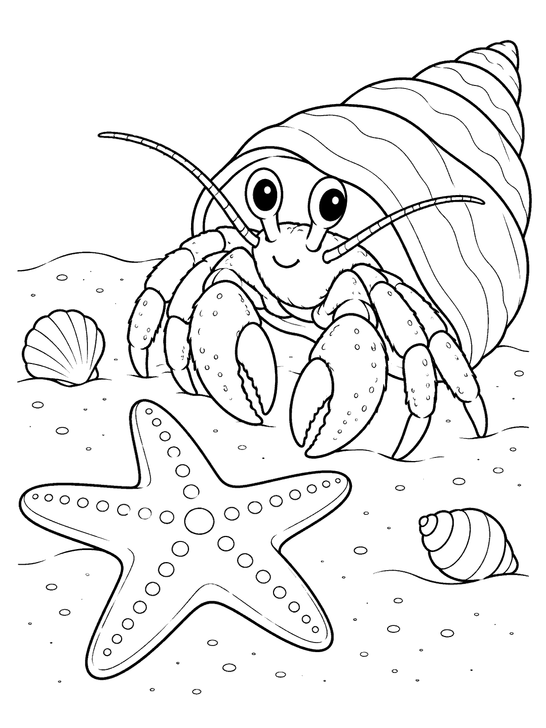 Black-and-white coloring page showing a hermit crab in a large spiral shell beside a broad five-armed starfish, with two outline seashells on the sand.