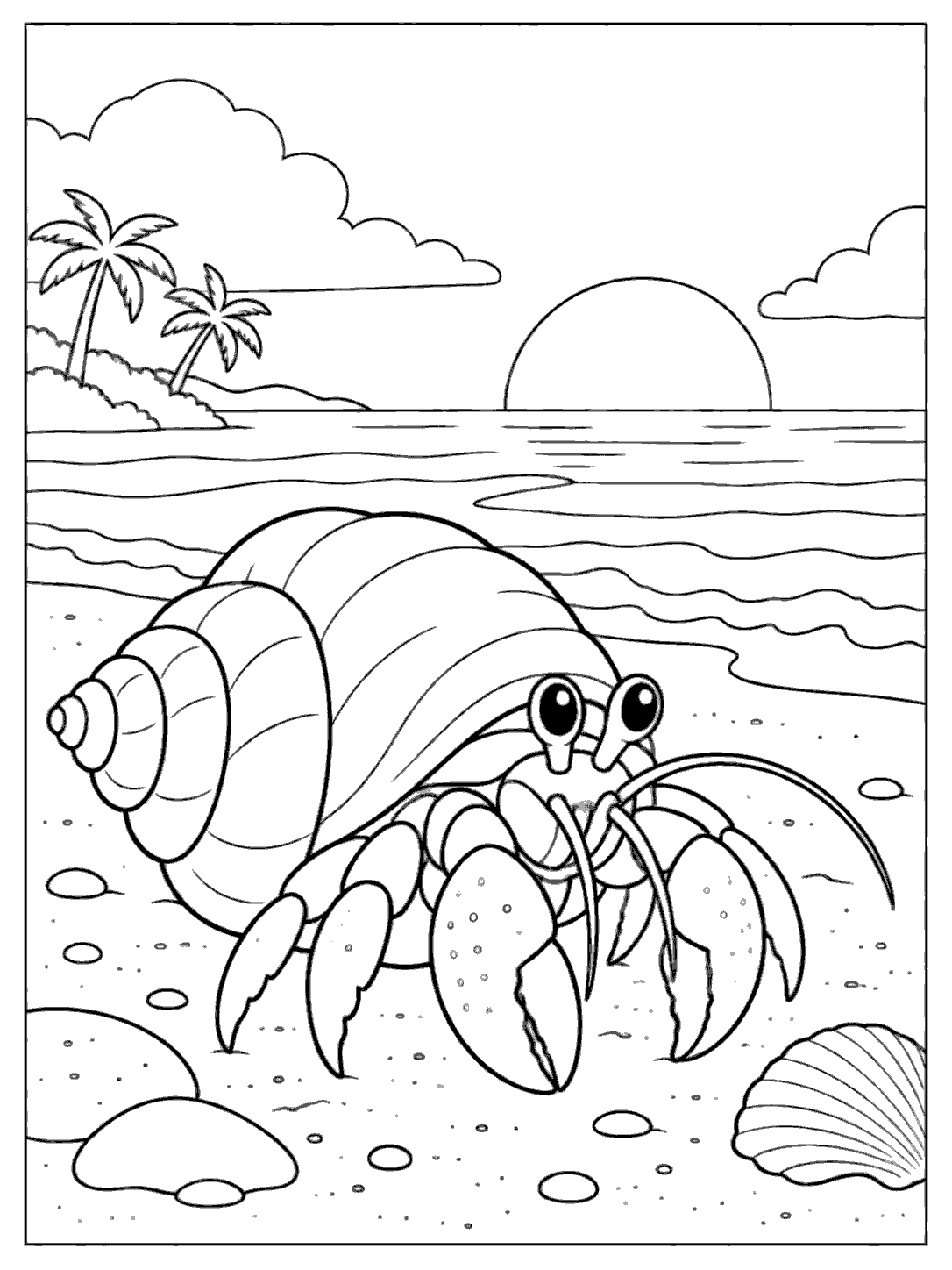 Hermit crab on a beach at sunset