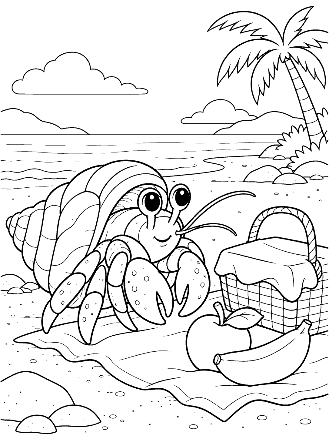 Large smiling hermit crab beside a covered picnic basket, apple, and banana on a beach, with a palm tree and ocean in the background.
