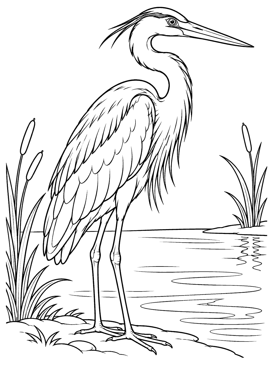 Black-outline coloring page of a heron standing at a pond, with long legs, a curved neck, reeds, and rippling water.