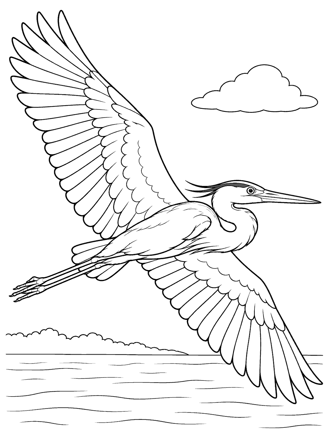 Black-outline coloring page of a heron gliding in flight above a simple shoreline, with a small cloud.
