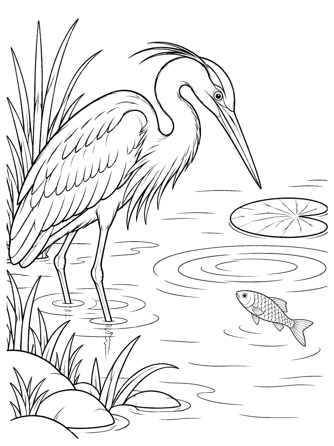 Black-outline coloring page of a heron poised over a pond, watching a fish beside wide ripples and a lily pad.