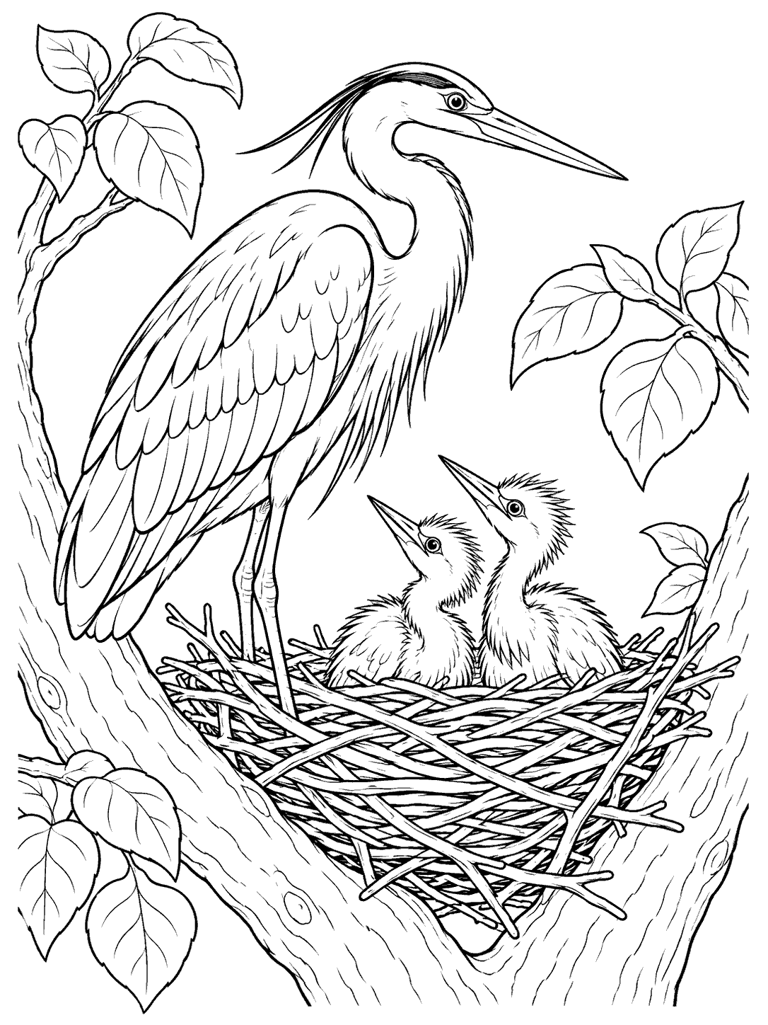 Black ink coloring page showing an adult heron beside a large woven nest with two chicks, branches, and leaves.