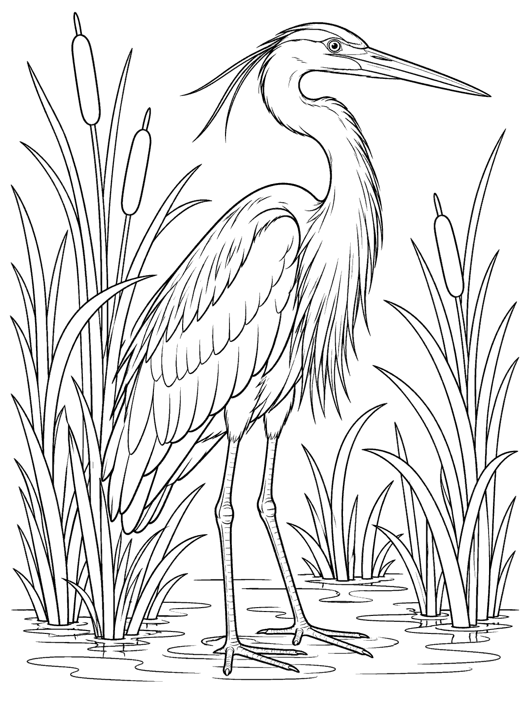 Black-outline coloring page of a great blue heron standing among marsh grasses in shallow water.