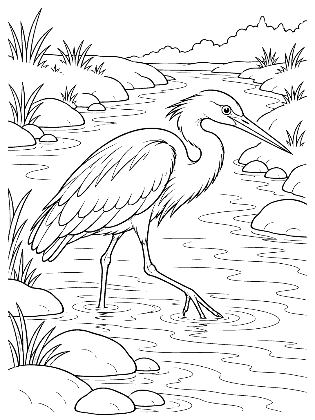 Black-outline coloring page of a long-legged heron stepping through a winding creek among rounded stones and grass tufts.