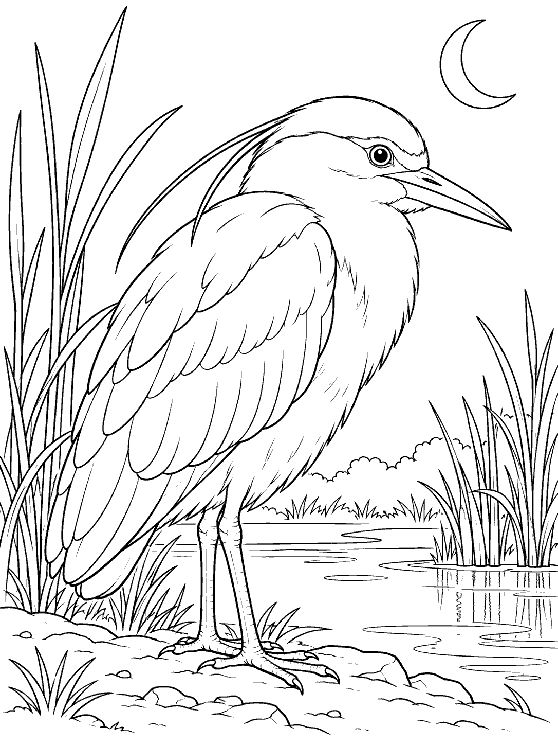 Black ink coloring page of a large crested night heron beside a marsh pool, with reeds and a crescent moon.
