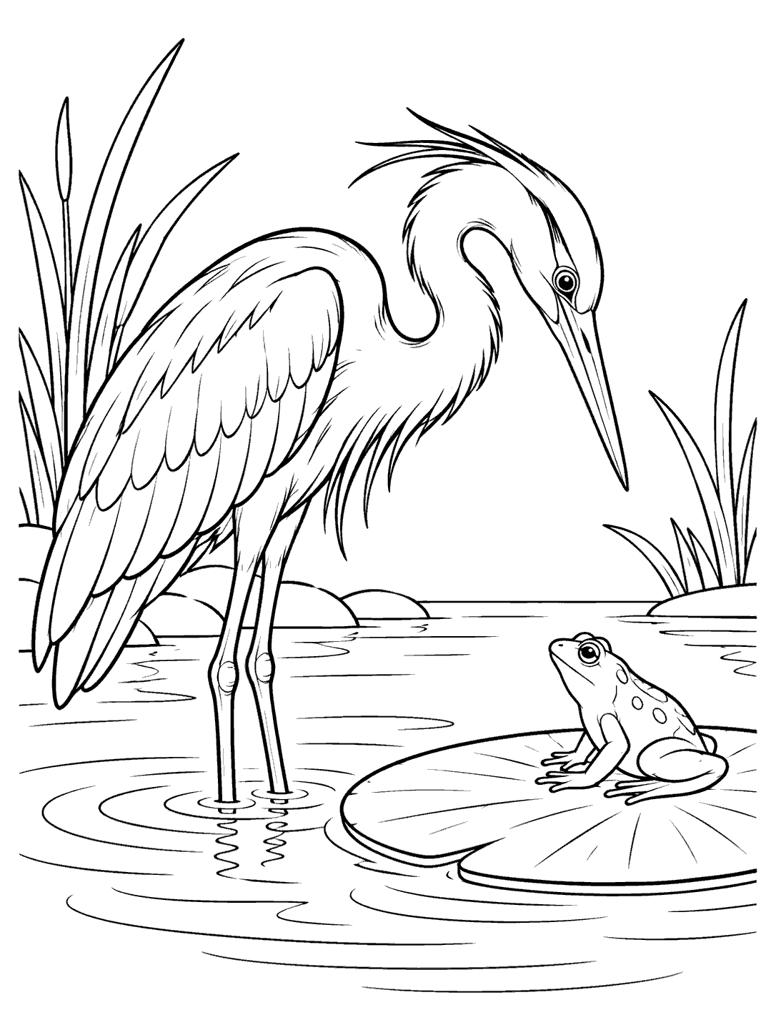 Black-outline coloring page showing a bending heron and a small frog beside a broad lily pad in a pond.