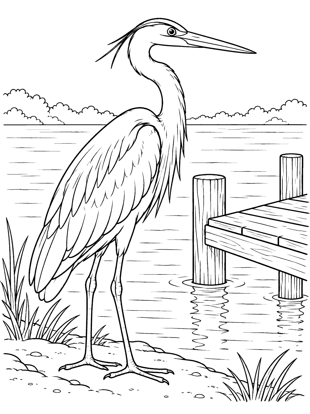 Black-outline coloring page showing a full-body heron beside a wooden fishing pier, with water, shore grasses, and distant shrubs.