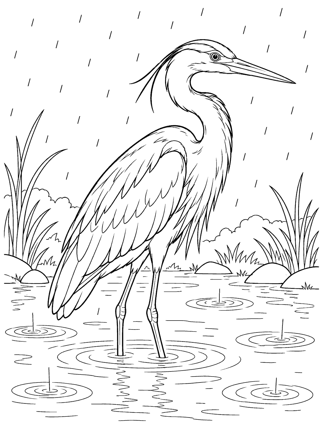 Black-outline coloring page of a heron standing in gentle rain, with reeds and puddle rings around its legs.