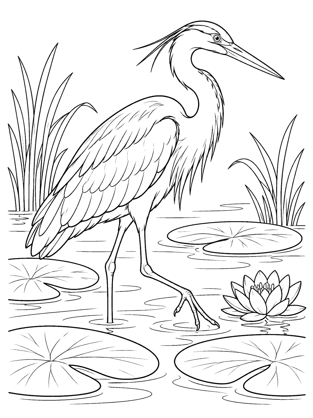 Black-outline coloring page of a heron stepping through a lily pond, with broad pads and a flower.