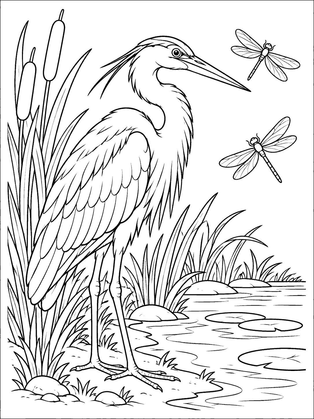 Black-outline coloring page of a heron standing beside reeds and a pond, with two dragonflies at different heights.