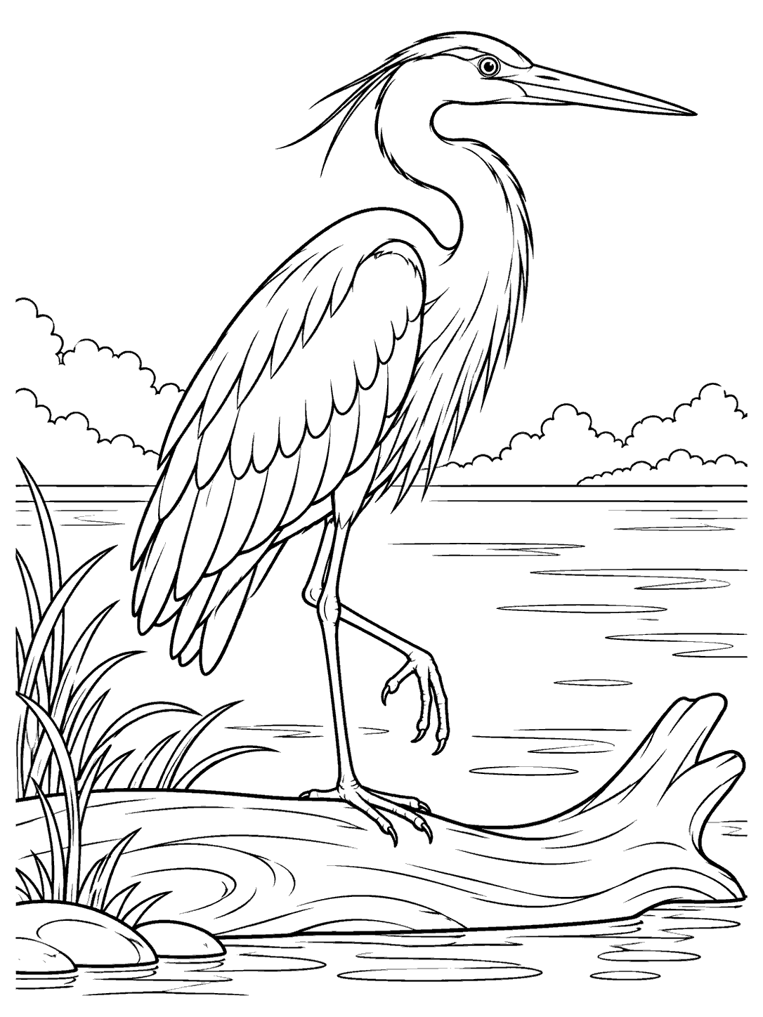 Black-outline coloring page of a heron with one leg lifted, standing on a curved driftwood log beside the water.