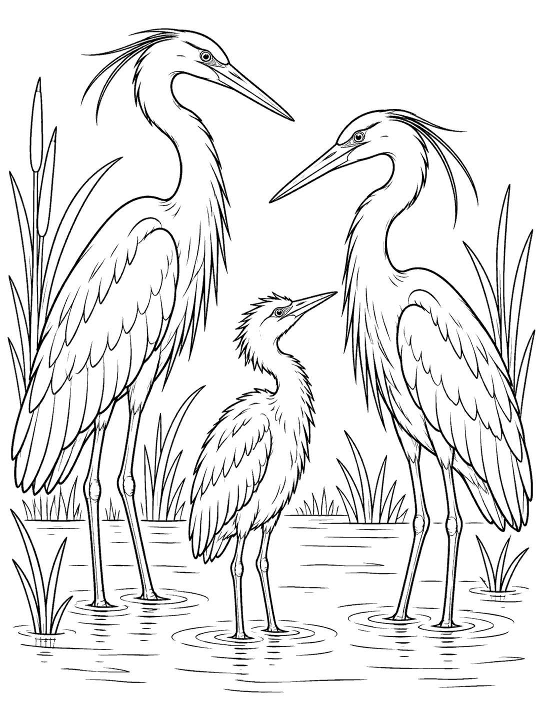 Black-outline coloring page showing two adult herons and one smaller young heron standing among marsh reeds.
