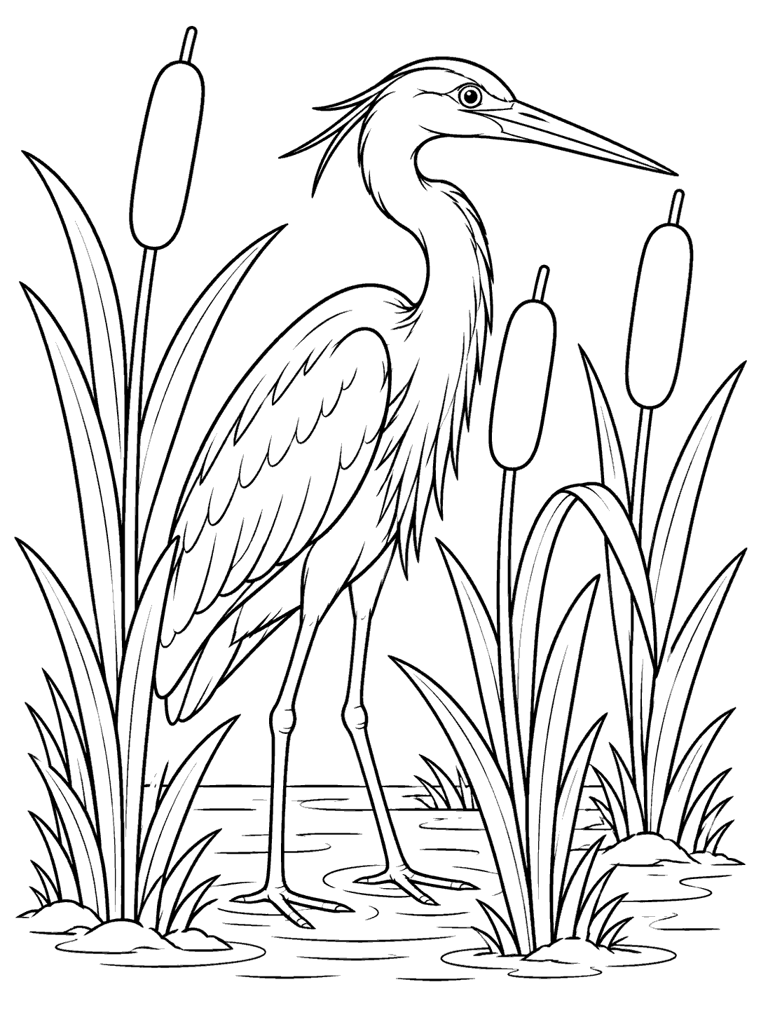 Black-outline coloring page of a full-body heron standing among cattails and marsh grass.