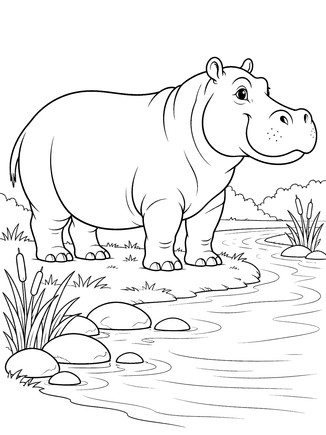 Black-outline coloring page of a friendly hippo standing beside a winding river, with reeds and smooth stones.