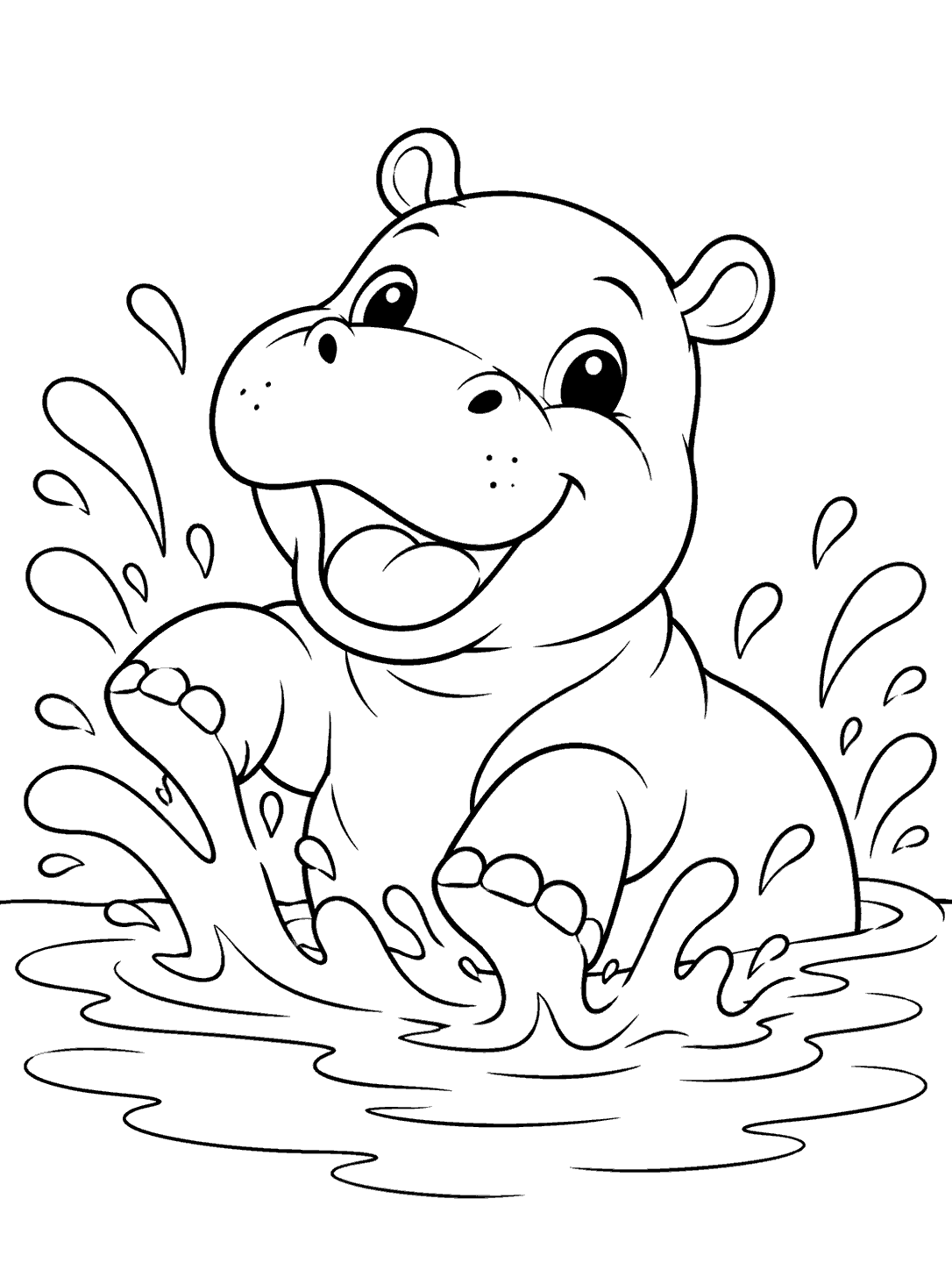 A smiling baby hippo splashing in a shallow pool with curved water splashes around it.