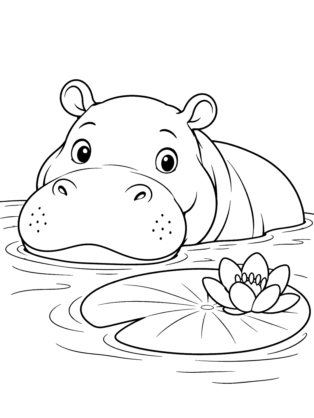 A hippo rests in a pond beside a large lily pad with a flower, drawn in black outlines.