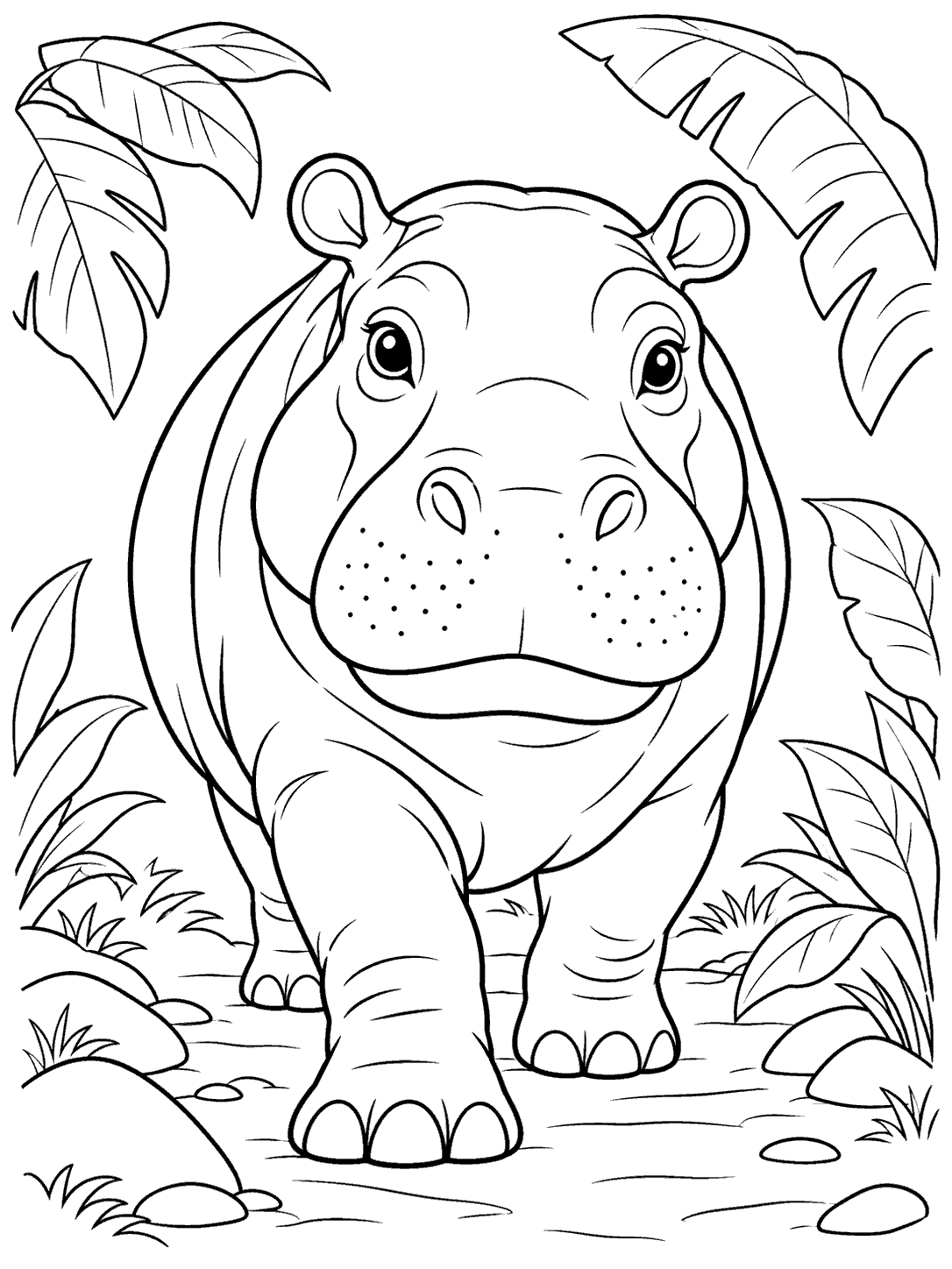 Black-and-white coloring page of a smiling hippo walking toward the viewer on a jungle path among broad leaves.