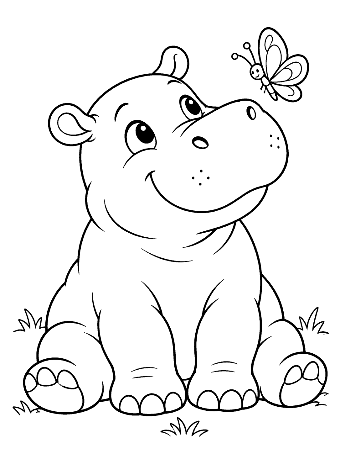A cheerful seated hippo looks up at a butterfly hovering near its nose, with a few tufts of grass around its feet.