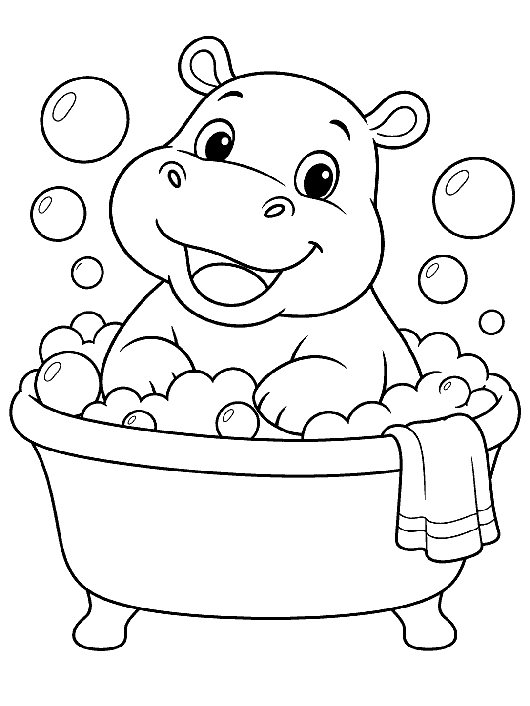 Cheerful hippo sitting in a bubble-filled bathtub with a washcloth draped over the edge