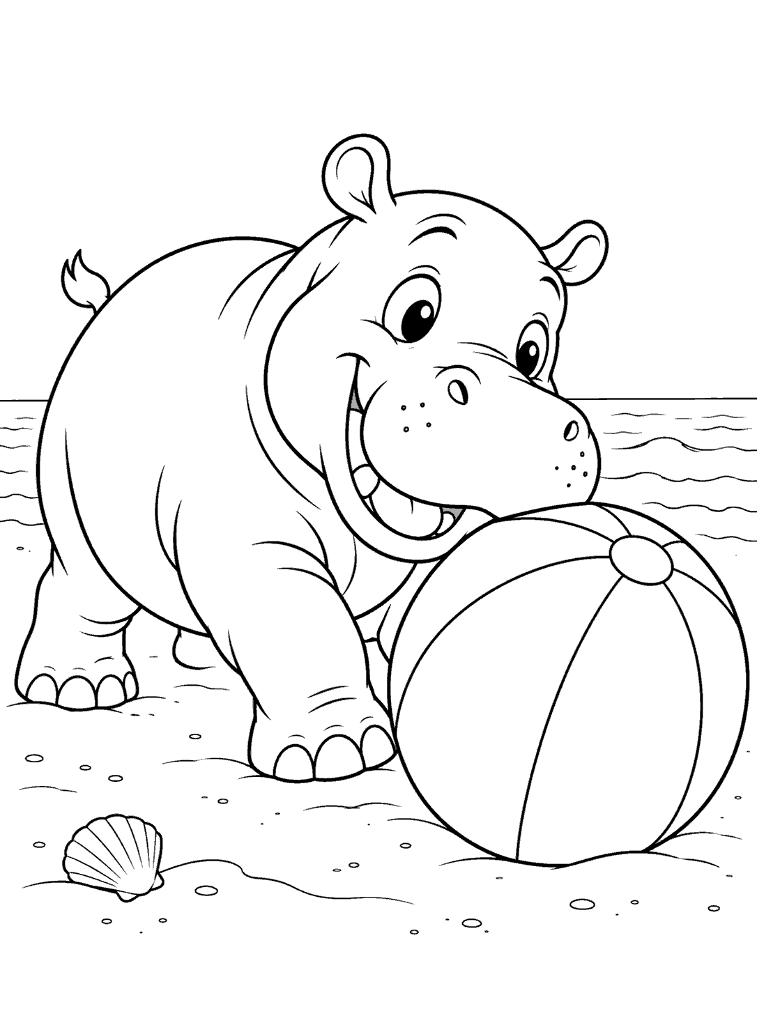 Smiling hippo nudging a large striped beach ball beside a shell on the shore