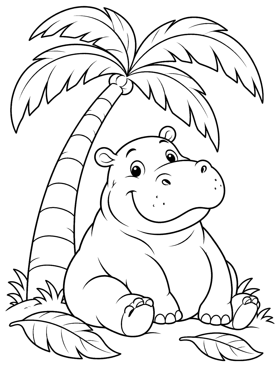 A seated smiling hippo beneath a curved palm tree, with two fallen leaves on the ground.