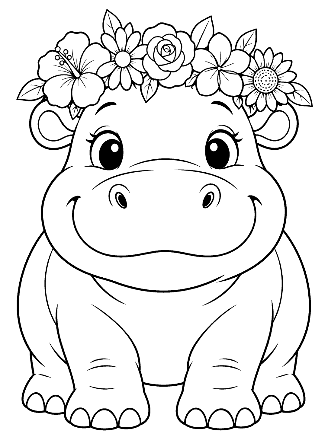 Friendly forward-facing hippo wearing a five-blossom flower crown, drawn in black outlines on white.