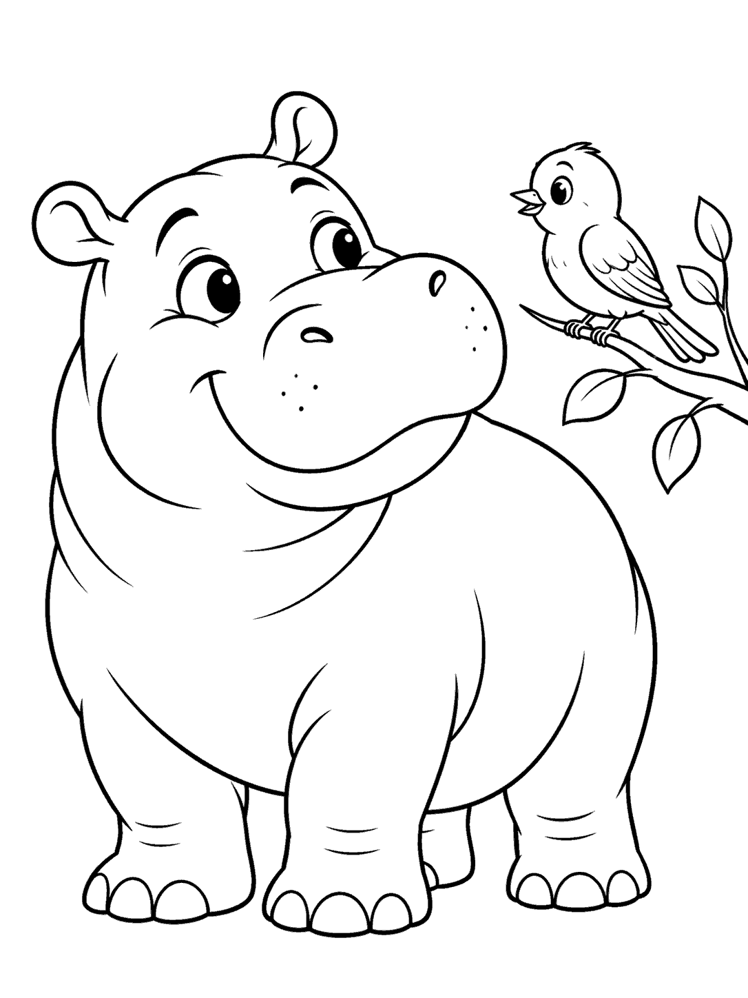 Black-outline coloring page showing a smiling hippo looking toward a small bird perched on a branch with a few leaves.