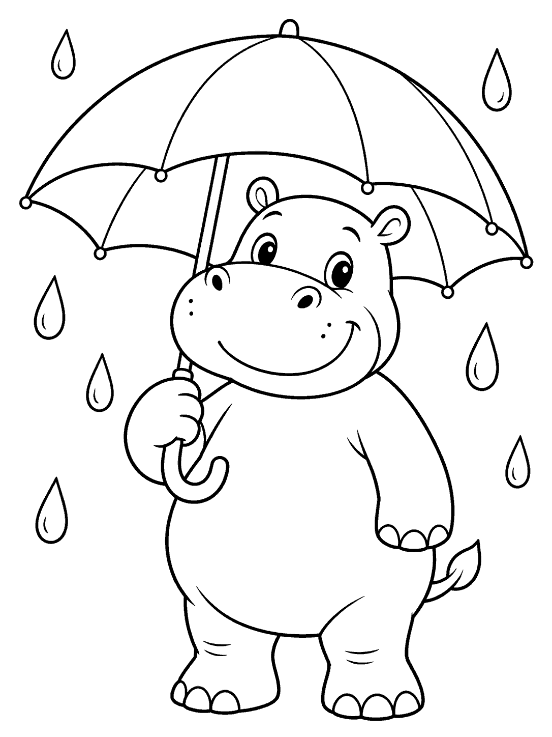 Standing hippo holding a large open umbrella beneath several raindrops, in black-and-white coloring-page line art.