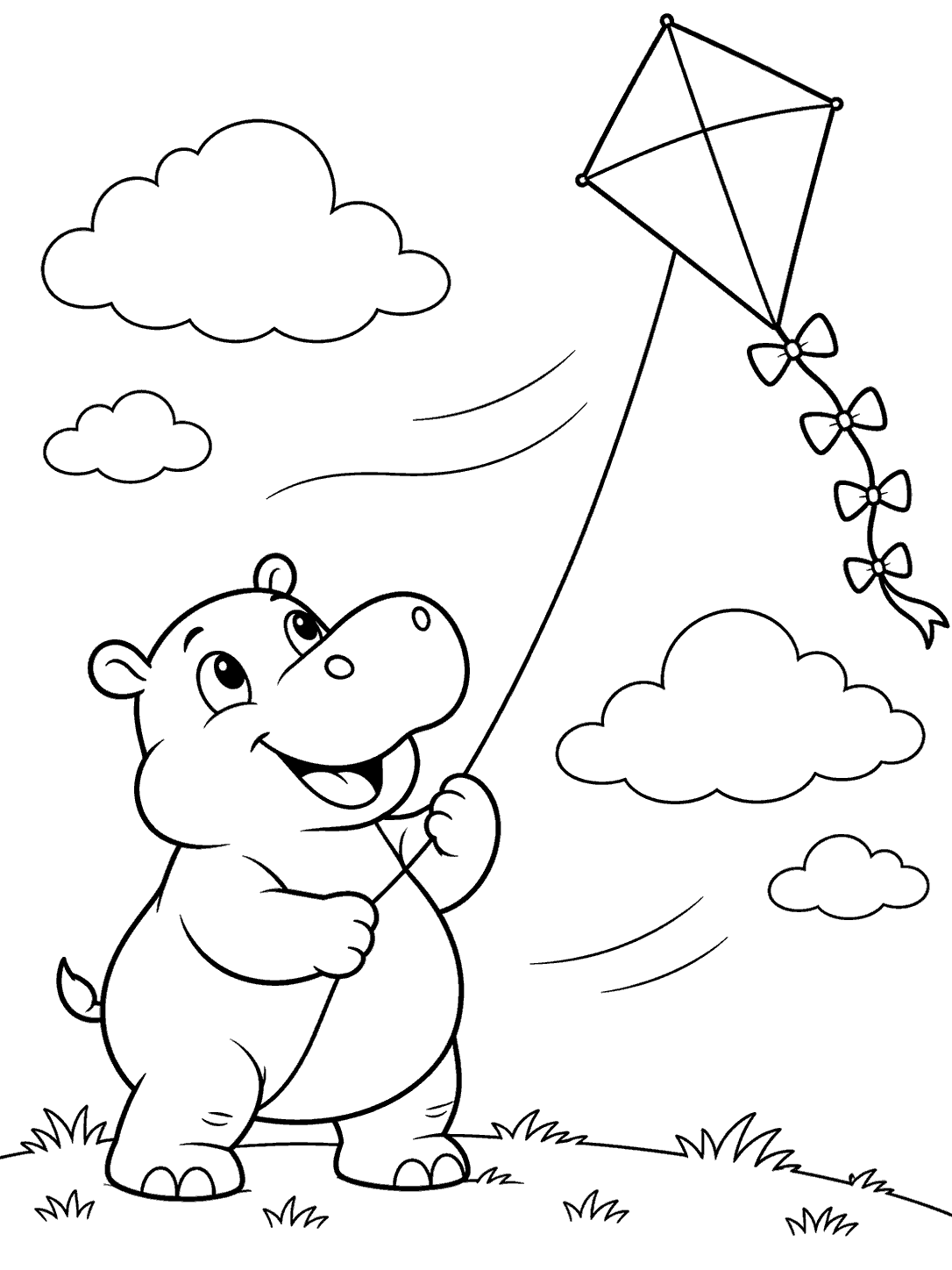 A smiling hippo holding a kite string beneath a diamond kite with a bow tail, clouds, and a grassy ground line.