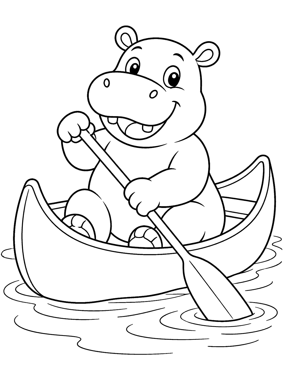 A seated hippo holding a paddle in a wide canoe, surrounded by gentle water ripples.