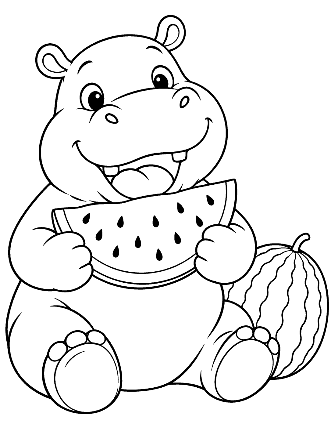 Smiling seated hippo holding a seeded watermelon slice, with a whole watermelon nearby.