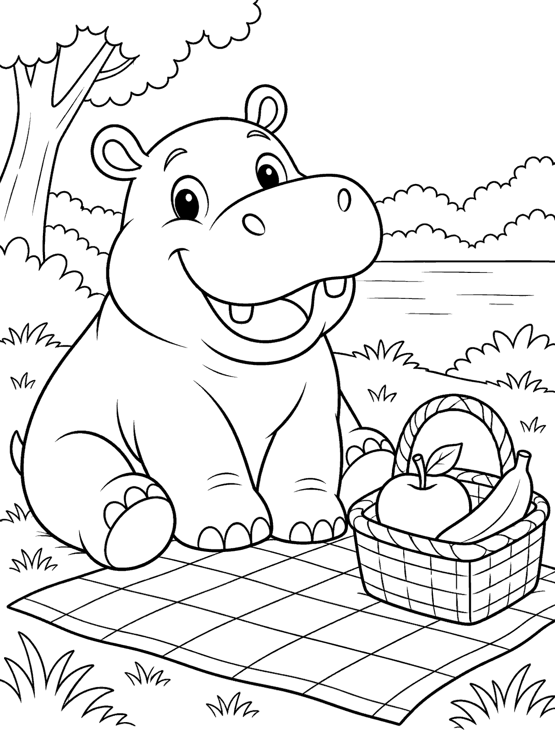 Smiling seated hippo beside a checked picnic blanket and a basket holding two fruits, with a simple outdoor background.