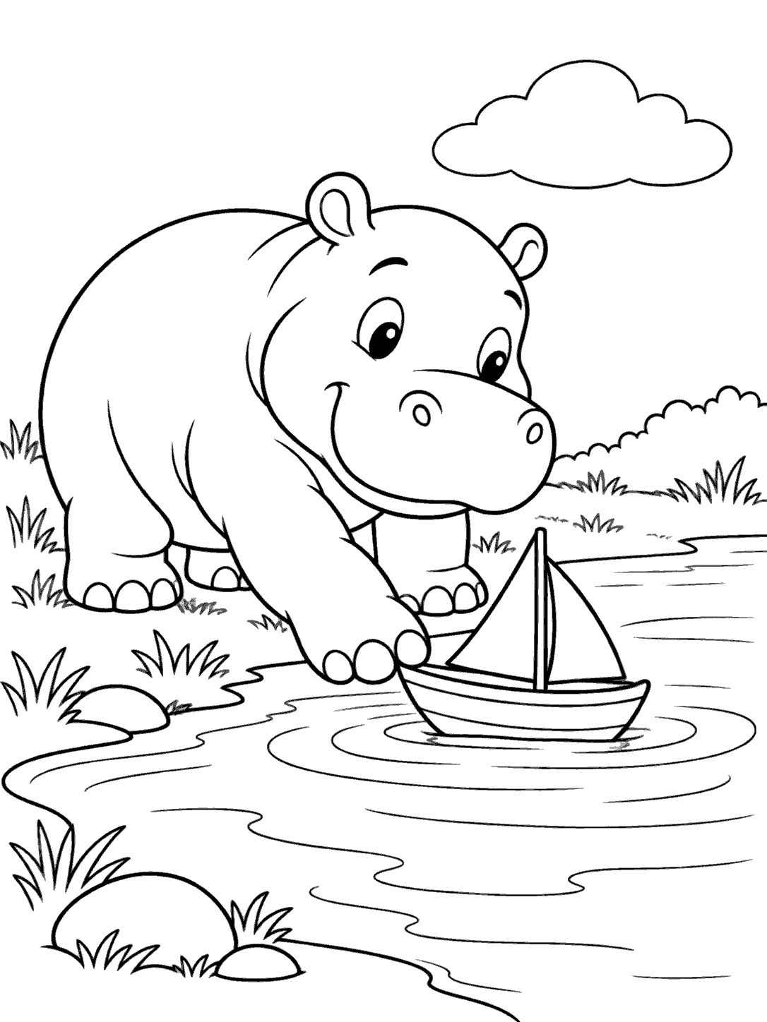 A crouching hippo sets a toy sailboat onto rippling pond water beneath a cloud.